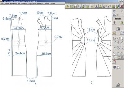 Илл. 02. Базовая (а) и исходная модельная (б) конструкции платья
